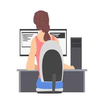 Woman Web Developer or Programmer Working In Front of Computer Screen Vector Stock-Illustration