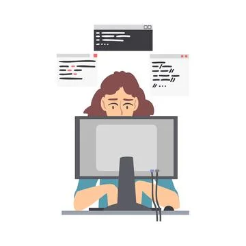 Woman Web Developer or Programmer Working In Front of Computer Screen Vector 库存插图