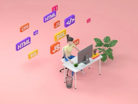 Woman web developer working on freelance. Isometric illustration icon with web Ilustração Stock