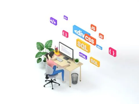 Woman web developer working on freelance. Isometric illustration icon with web Ilustración de archivo