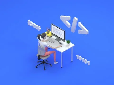 Woman web developer working on freelance. Isometric illustration icon with web Ilustração Stock