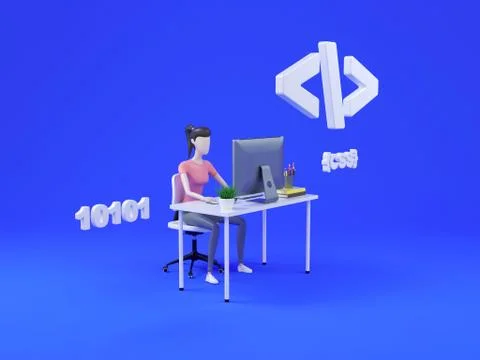 Woman web developer working on freelance. Isometric illustration icon with web Ilustração Stock