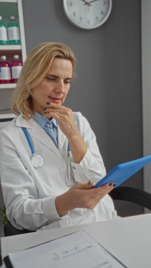 Woman in white lab coat using tablet in clinic room surrounded by medical s.. Vídeos de archivo 300307431