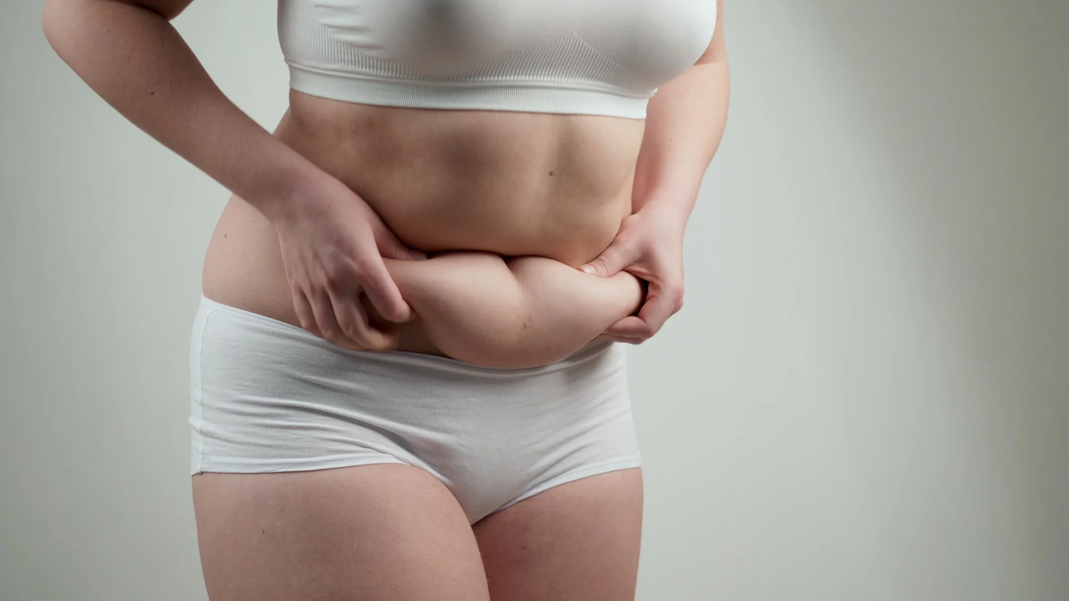 Foto de Woman's fat belly in underwear do Stock