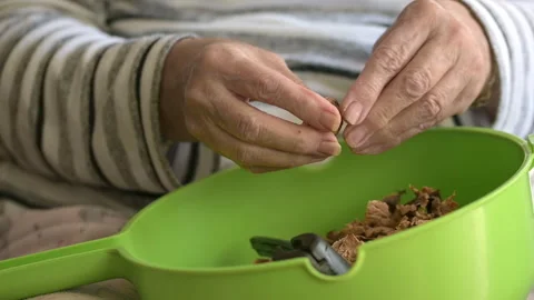 The Woman Who Breaks Walnuts Eats With An Appetite Stock Footage 319379644
