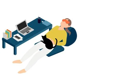 A woman who wears an eye mask and takes a nap during telework isometric Stock Illustration