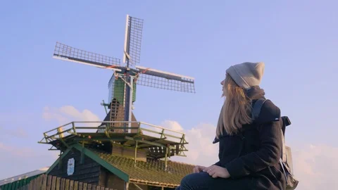 Woman By Windmill Stock Footage 116350495