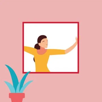 Woman at the window doing dance exercises at home Illustrazione stock