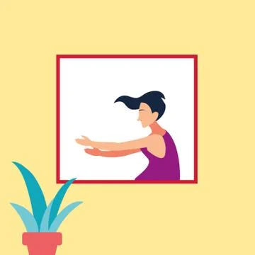 Woman at the window doing dance exercises at home Illustrazione stock