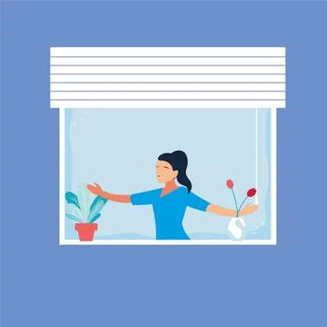 Woman at the window doing dance exercises at home Illustrazione stock