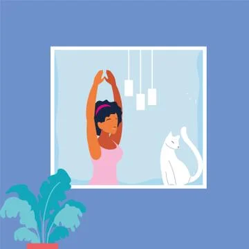 Woman at the window doing dance exercises at home Illustrazione stock
