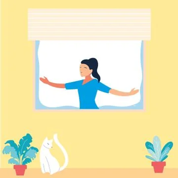 Woman at the window doing dance exercises at home Illustrazione stock