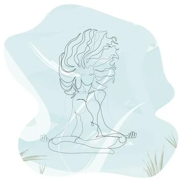 Woman with windy hair doing yoga lotus exercise continuous one line. Underwater Stock Illustration