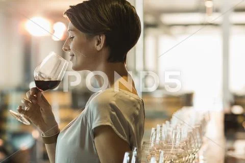 Woman wine tasting red wine in winery tasting room Stock Photos