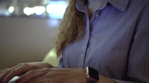 Woman work in cafe with laptop notebook . Close-up hands. Dolly shot Stock Footage 78403183