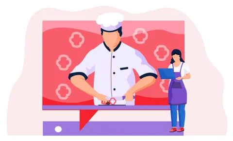 Woman work on computer with screen with chef preparing salad on background Stock Illustration