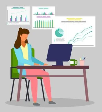 Woman work with computer sitting at table, graphics, diagram, charts at Stock Illustration