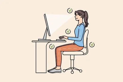 Woman work on computer at table in correct position Stock Illustration