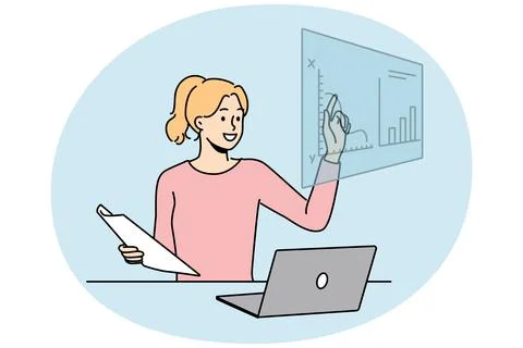 Woman work with graphs on computer Illustrazione stock