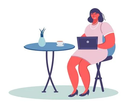 Woman work on laptop at cafe vector illustration Stock Illustration