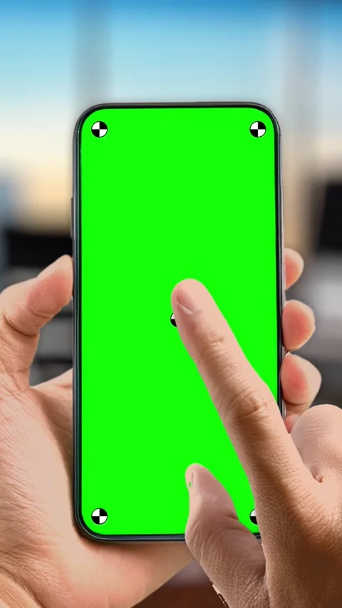 Woman in work office using smartphone with green mock up screen swip and scroll Vídeo Stock 306171871