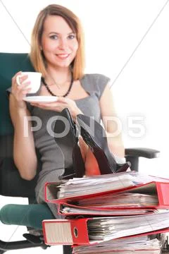 Woman work stoppage businesswoman relaxing legs up plenty of documents isolat Stock Photos