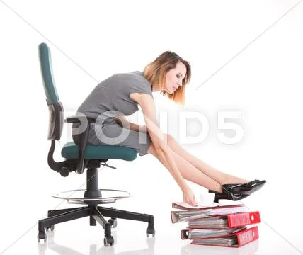 Woman work stoppage businesswoman relaxing legs up plenty of documents isolat Stock Photos