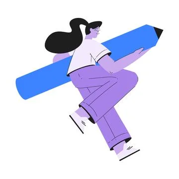 Woman Work with Text Editing and Writing Article with Huge Pencil Vector Stock Illustration