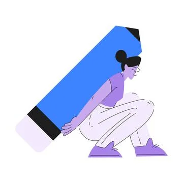Woman Work with Text Editing and Writing Article with Huge Pencil Vector Stock Illustration