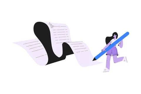 Woman Work with Text Editing and Writing Article with Pen on Paper Vector Stock Illustration