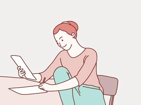 Woman work writing script in paper while sitting at home simple korean Stock Illustration