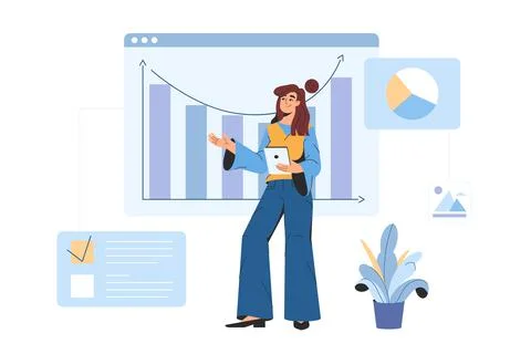 Woman worker analyzing digital data, charts and graphs Illustrazione stock