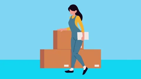Woman worker with boxes motion graphic animation, dynamic footage of a fema.. Video stock 334263385