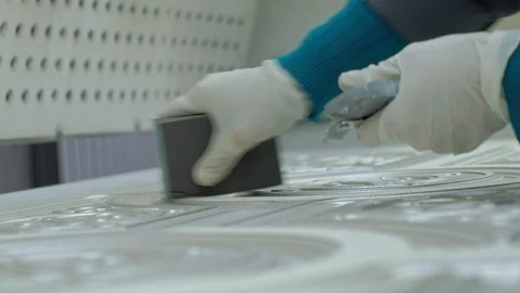 Woman, the worker makes the effect of aging doors. sand the surface.production Video stock 98327160