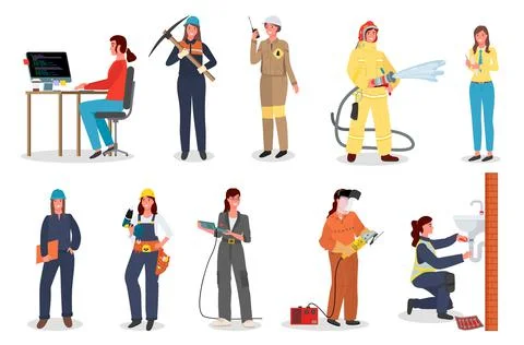 Woman worker set different professions of female lady at hard work collection of Stock Illustration