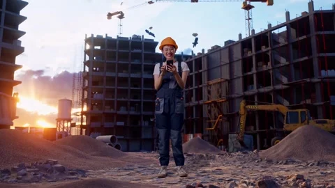 Woman Worker Smiling And Using Smartphone At Construction Site Stock Footage 283997419