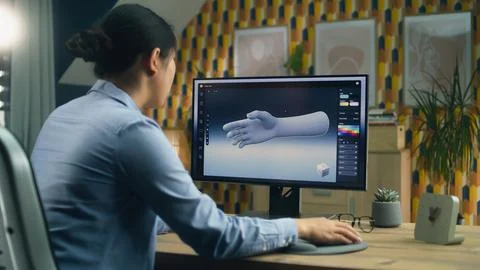 Woman working on 3D model in program Stock Photos