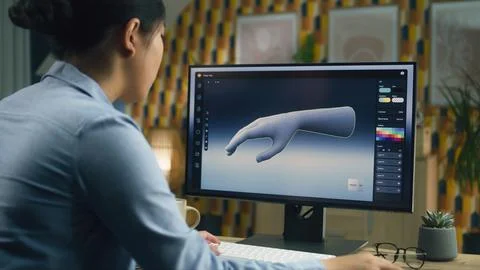 Woman working on 3D model in program Stock Photos