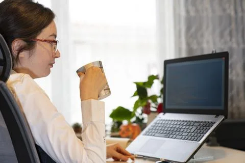 Woman Working And Programming On Computer In Office.woman working on coding o Stock Photos