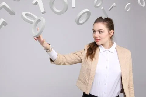 Woman working with binary code, concept of digital technology Stockfoto's