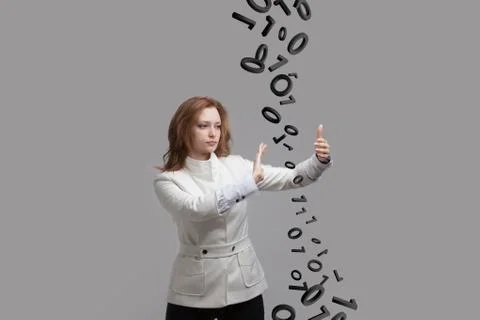Woman working with binary code, concept of digital technology Stockfoto's