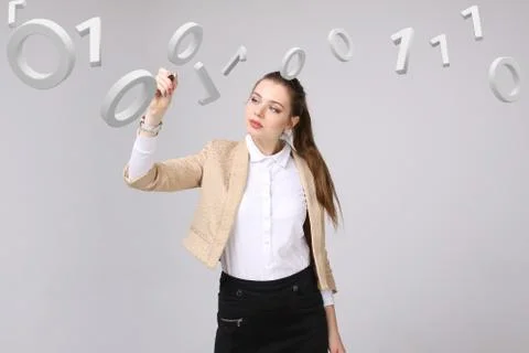 Woman working with binary code, concept of digital technology Foto stock