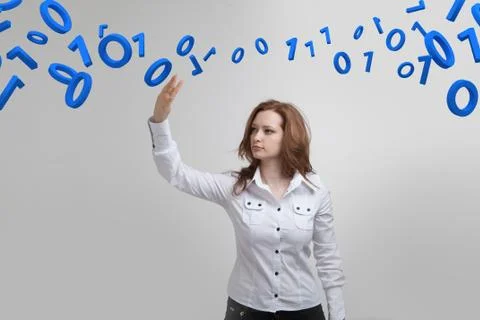 Woman working with binary code, concept of digital technology Stock Photos