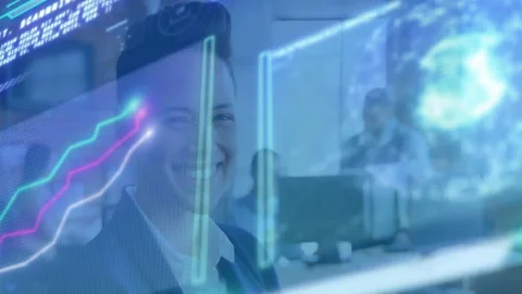 Woman working code overlay appearing, globe spinning, graphs pulsing, showing Stock Footage 310970136