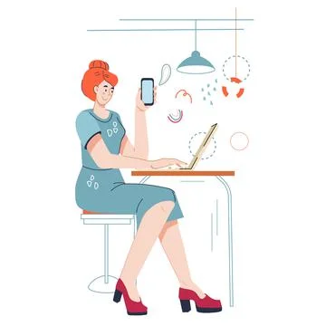 Woman working on computer and making phone calls, flat vector. Stockillustratie
