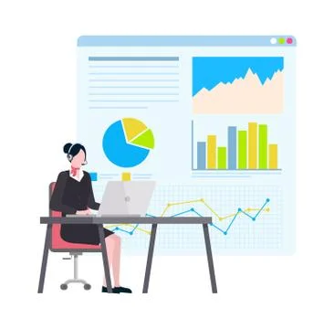 Woman Working on Computer, Board with Data Charts Stock Illustration