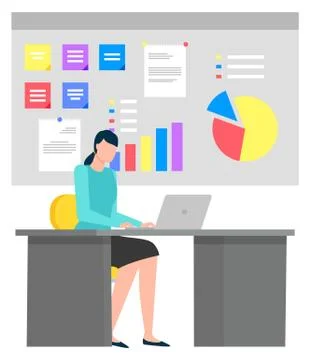 Woman Working on Computer Charts Analysis Vector 스톡 일러스트