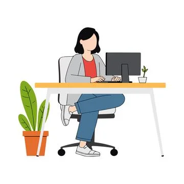 Woman working at a computer desk Stock Illustration