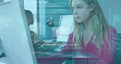 Woman working on computer with digital data processing animation overlay Stock Footage 305459818