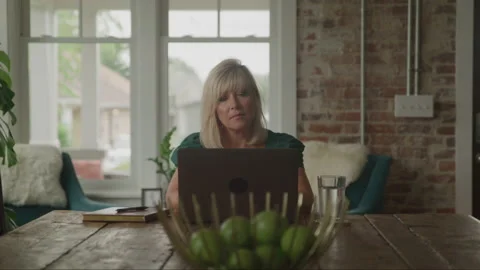 Woman Working on a Computer at a Dinner Table Stock Footage 219556096